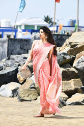 'Mehfil-e-Rang' Coral Peach Pure Resham Cotton Silk Banarasi Handloom Saree